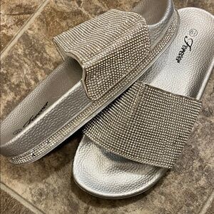 Rhinestone Embellished Silver Slide Sandals